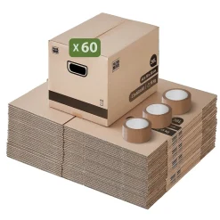 Pack and Move - Lot 60 cartons déménagement stockage livres - 40 x 30 x 30 cm - Poignées renforcées - 3 adhésifs offerts