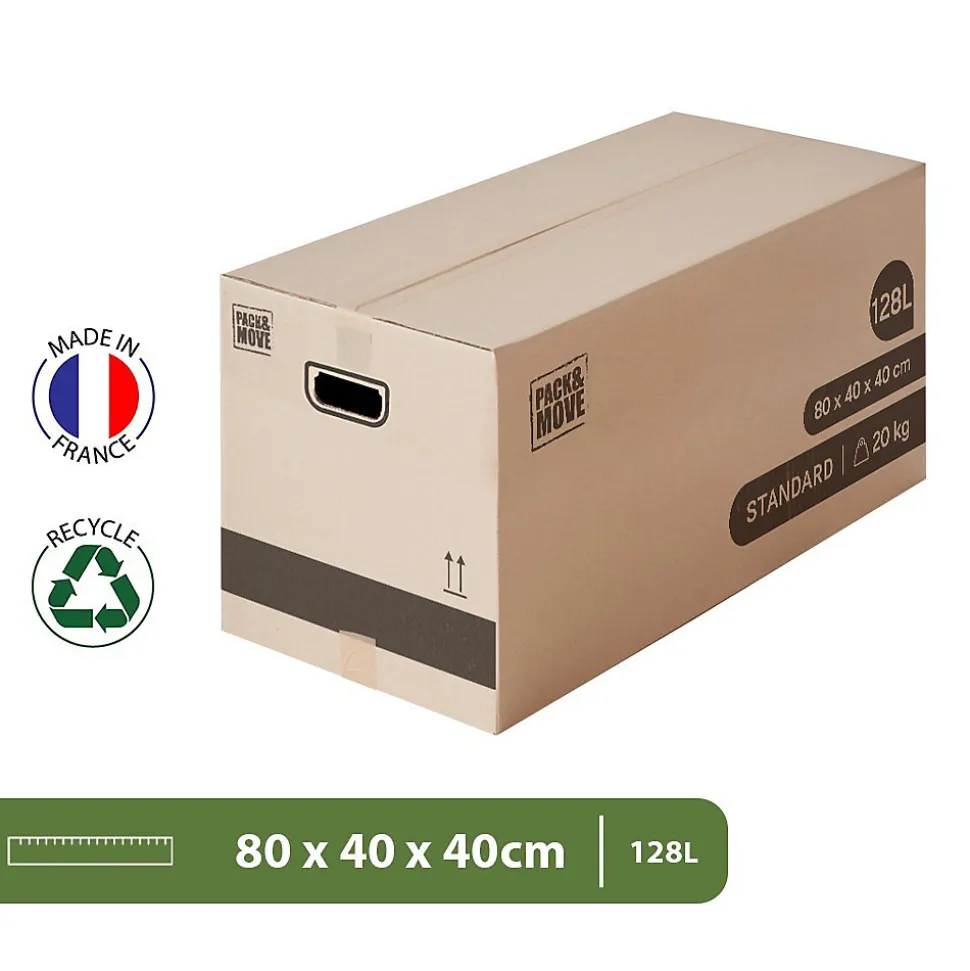 Pack and Move - Lot 60 cartons déménagement XL - 80 x 40 x 40 cm - Poignées renforcées - 3 adhésifs offerts