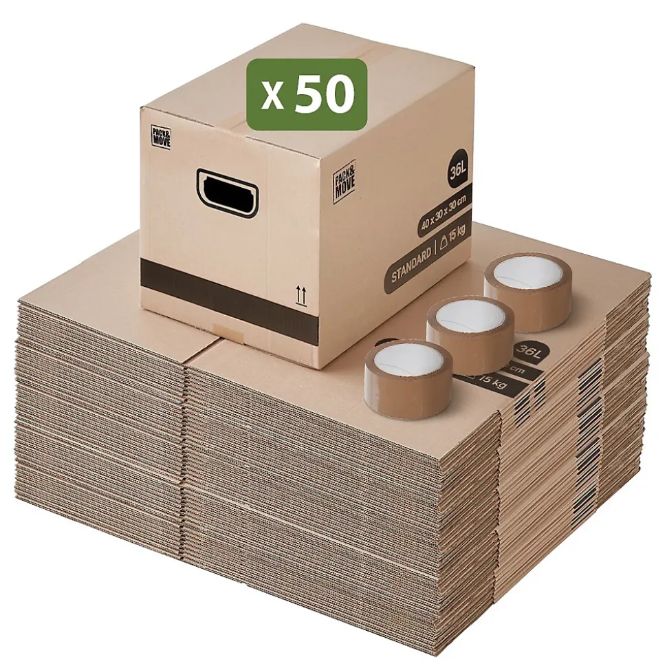 Pack and Move - Lot 50 cartons déménagement stockage livres - 40 x 30 x 30 cm - Poignées renforcées - 3 adhésifs offerts