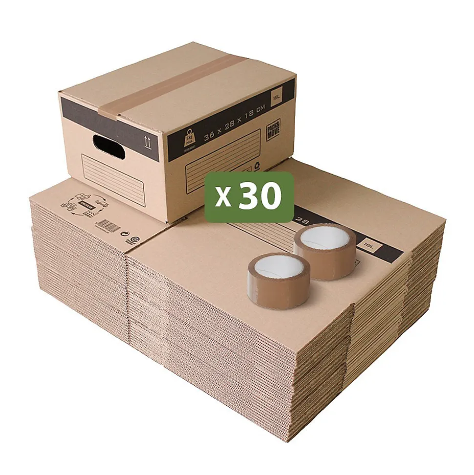Pack and Move - Lot 30 Cartons Déménagement Stockage S - 36 x 28 x 18 cm - Poignées renforcées - 2 adhésifs offerts