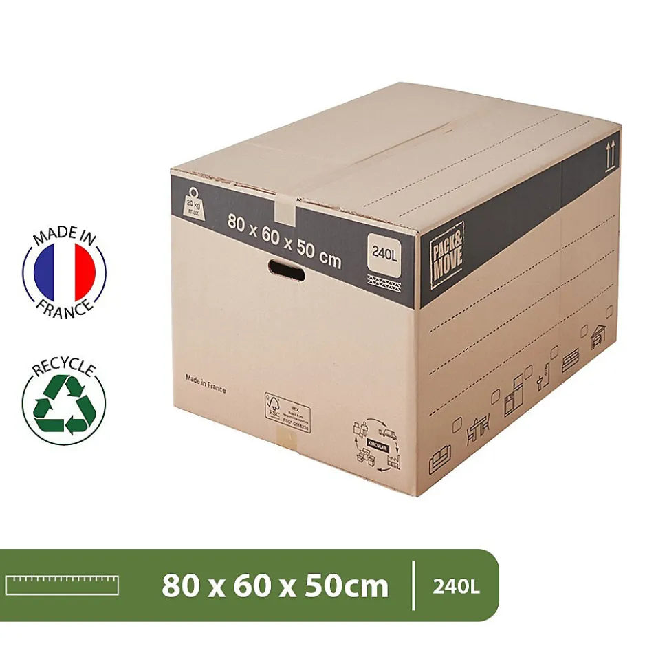 Pack and Move - Lot 20 cartons déménagement XXL - 80 x 60 x 50 cm - Poignées renforcées - 2 adhésifs offerts