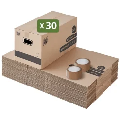 Pack and Move - Lot 30 cartons déménagement stockage standard - 60 x 30 x 30 cm - Poignées renforcées - 2 adhésifs offerts