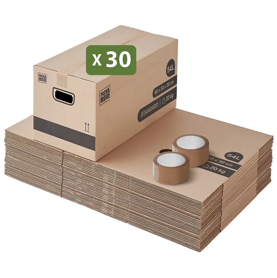 Pack and Move - Lot 30 cartons déménagement stockage standard - 60 x 30 x 30 cm - Poignées renforcées - 2 adhésifs offerts