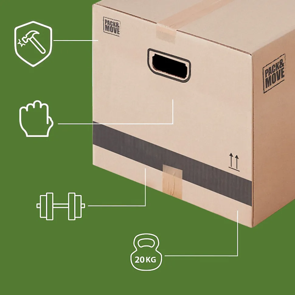Pack and Move - Lot 60 cartons déménagement L larges - 40 x 60 x 40 cm - Poignées renforcées - 3 adhésifs offerts
