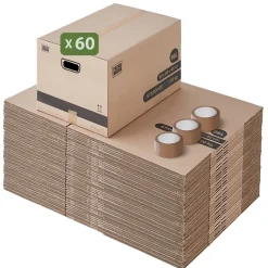 Pack and Move - Lot 60 cartons déménagement L larges - 40 x 60 x 40 cm - Poignées renforcées - 3 adhésifs offerts