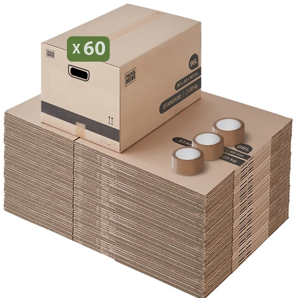 Pack and Move - Lot 60 cartons déménagement L larges - 40 x 60 x 40 cm - Poignées renforcées - 3 adhésifs offerts