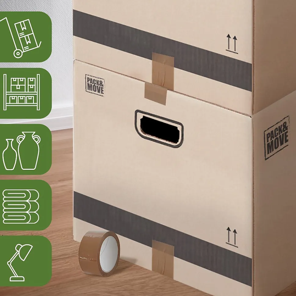 Pack and Move - Lot 60 cartons déménagement L larges - 40 x 60 x 40 cm - Poignées renforcées - 3 adhésifs offerts