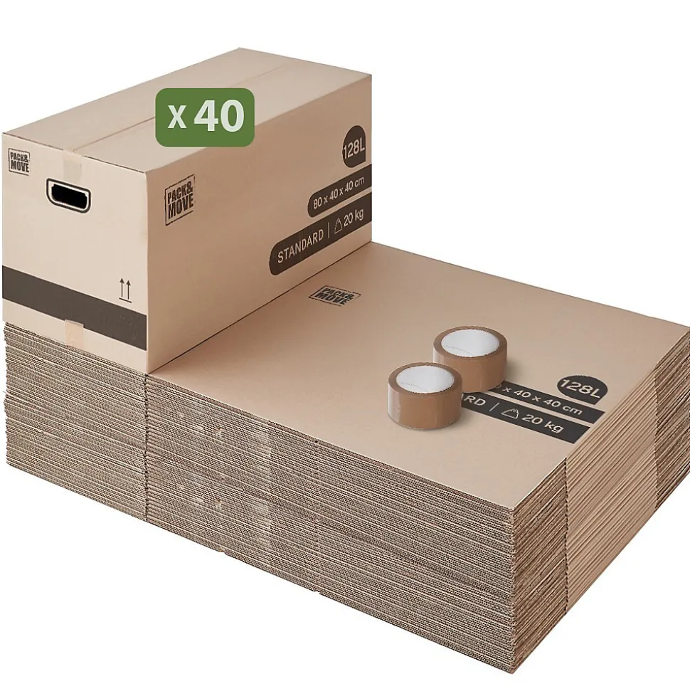 Pack and Move - Lot 40 cartons déménagement XL -80 x 40 x 40 cm - Poignées renforcées - 2 adhésifs offerts