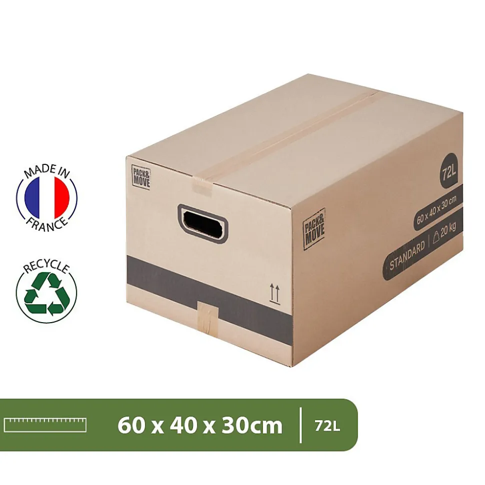 Pack and Move - Lot 40 cartons déménagement M - 60 x 40 x 30 cm - Poignées renforcées - 2 adhésifs offerts