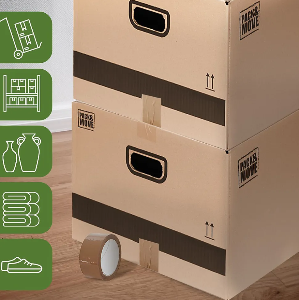 Pack and Move - Lot 40 cartons déménagement M - 60 x 40 x 30 cm - Poignées renforcées - 2 adhésifs offerts