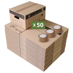 Pack and Move - Lot 50 Cartons Déménagement Stockage S - 36 x 28 x 18 cm - Poignées renforcées - 3 adhésifs offerts