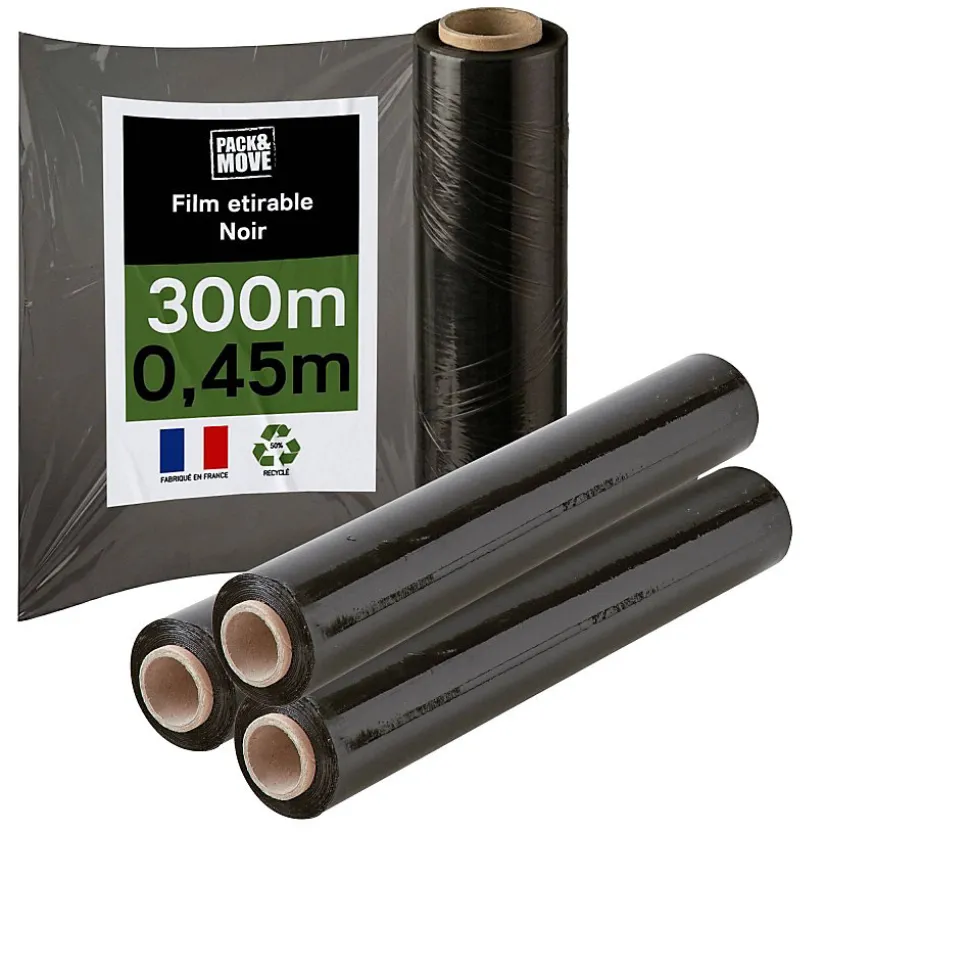 Pack And Move - Lot 4 Rouleaux Film Étirable - 300 M - Noir - Film Déménagement Film Emballage Film Palette Film Protection