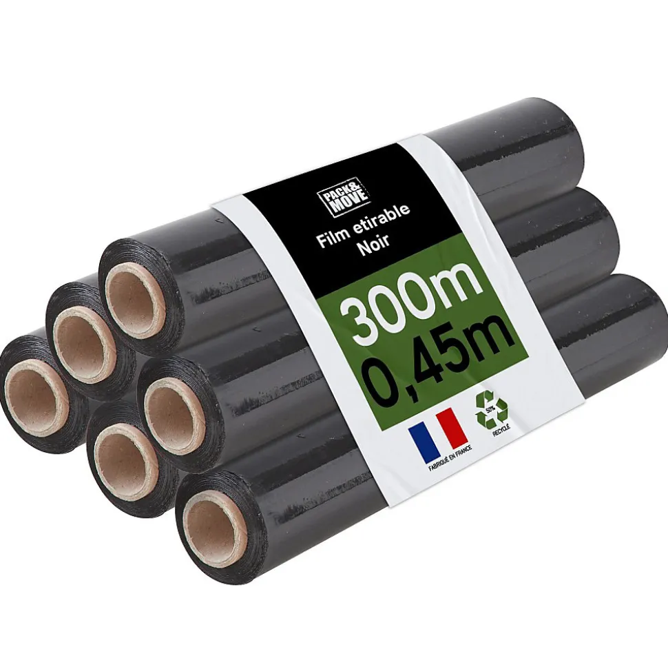 Pack and Move - Lot 6 rouleaux film étirable - 300 m - Noir - Film déménagement Film emballage Film palette Film protection