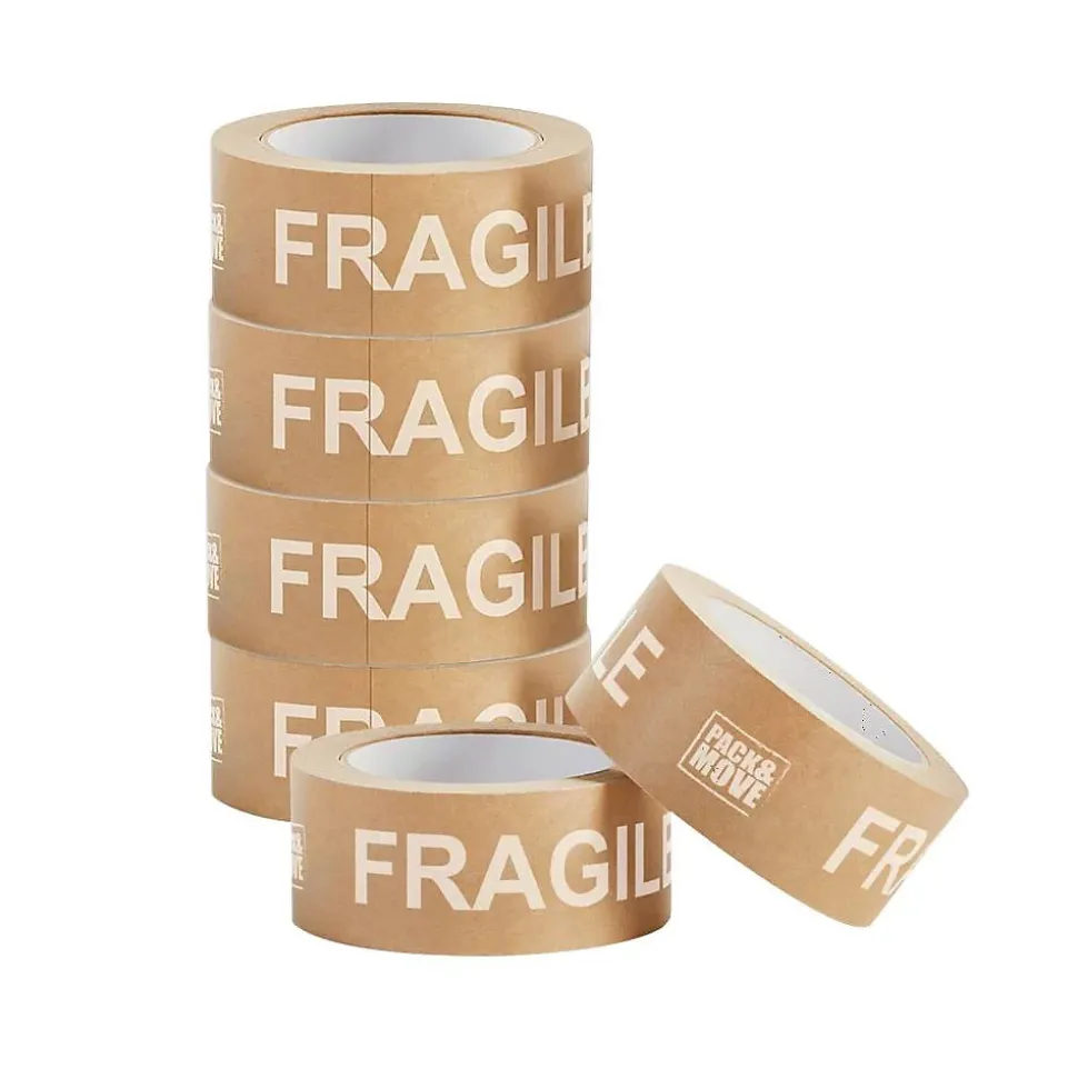 Pack and Move - Lot 6 rouleaux ruban adhésif kraft "fragile" pour emballage et déménagement - 50 m - Qualité Premium