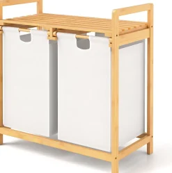 Panier à Linge 2 Compartiments,en Bambou, Étagère de Rangement, Poignée Pratique, pour Salle de Bain, Buanderie, Salon (Blanc)