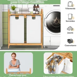 Panier à Linge 2 Compartiments,en Bambou, Étagère de Rangement, Poignée Pratique, pour Salle de Bain, Buanderie, Salon (Blanc)
