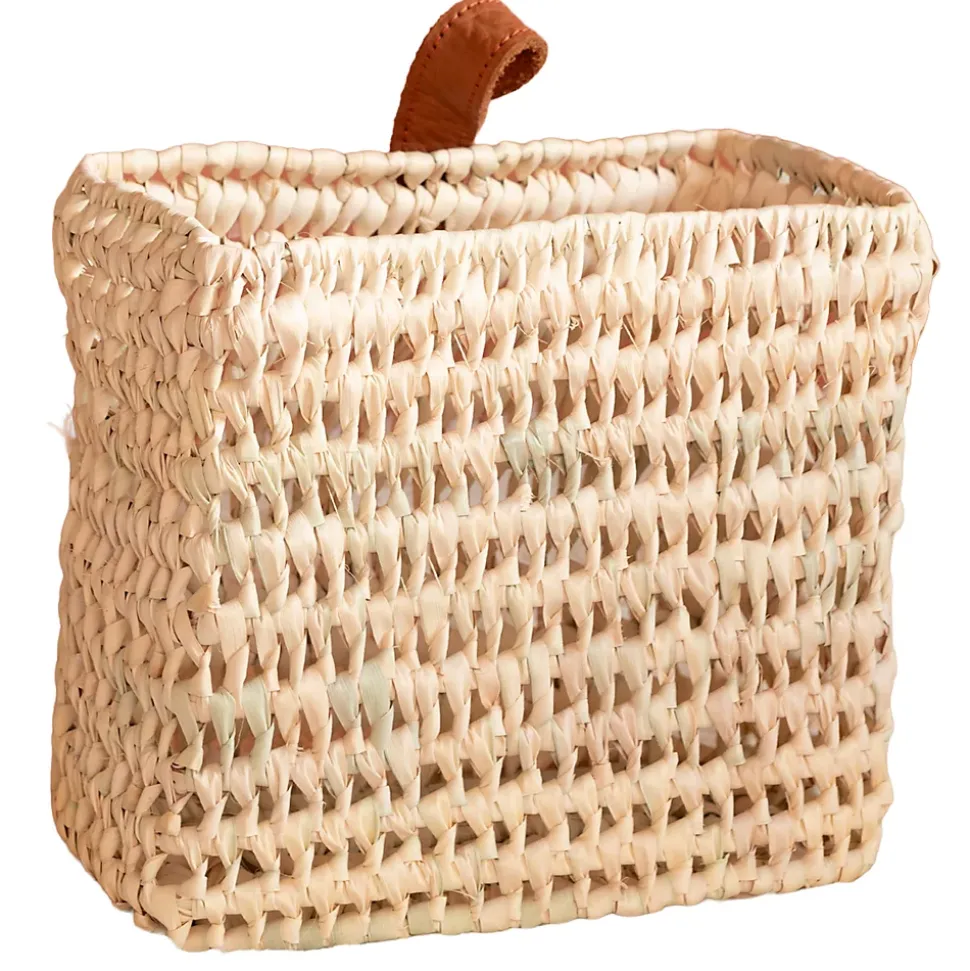 Panier à suspendre carré anse cuir (20x10x25 cm - Naturel)