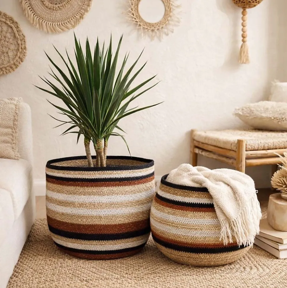 Panier bas rayé en herbes marines marron, beige 39x23cm