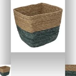 Panier de rangement bicolore tressé en fibres naturelles coloris pétrole M