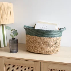 Panier de rangement en jonc de mer vert M Box & Beyond Lino