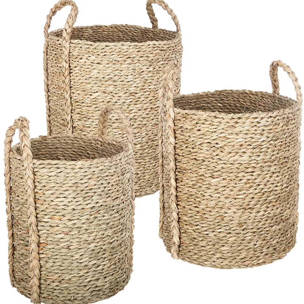 Panier de rangement rond et opaque avec poignées, fibres naturelles vendu par 3 pièces
