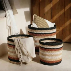 Panier rayé beige, marron en herbes marines 23x21cm
