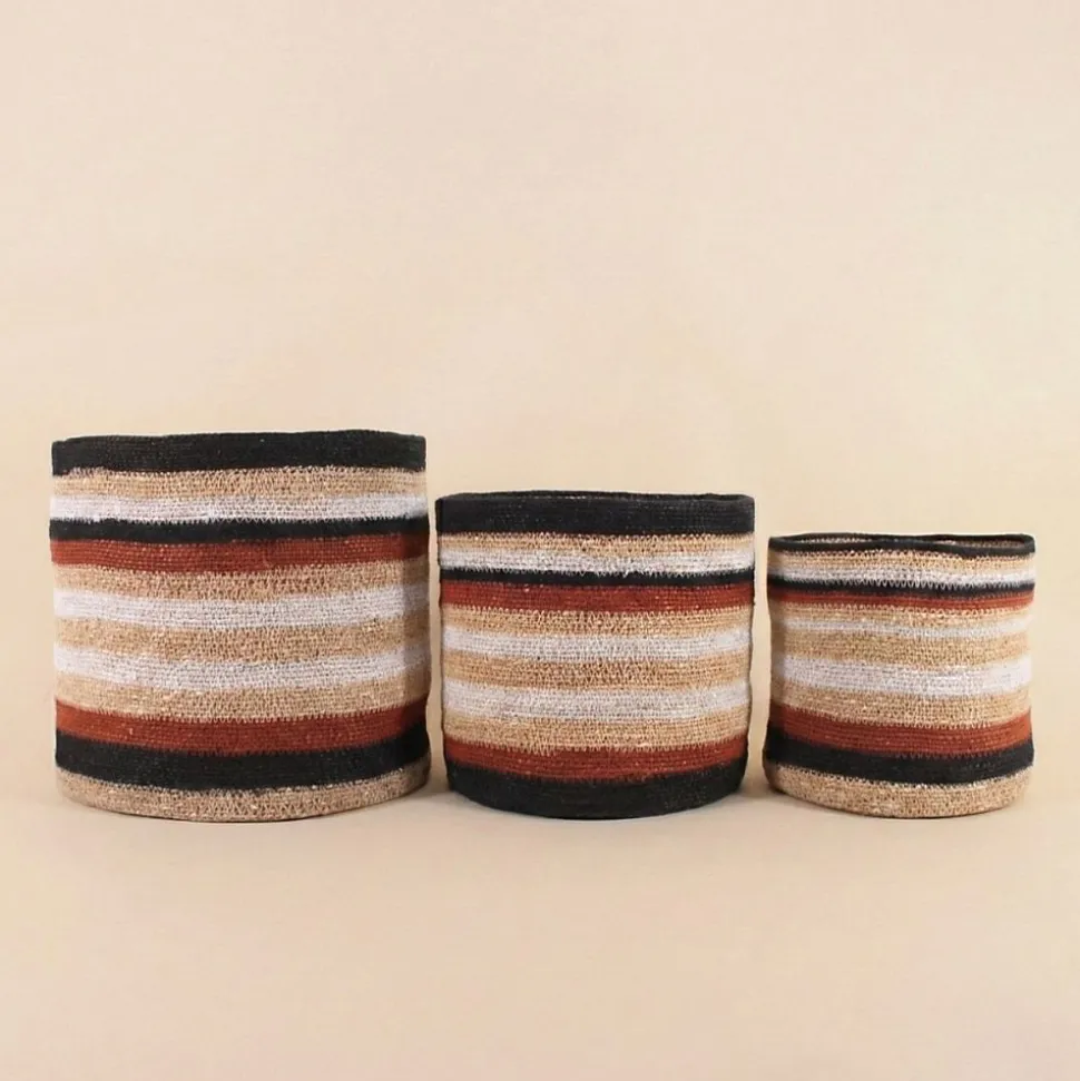 Panier rayé beige, marron en herbes marines 23x21cm