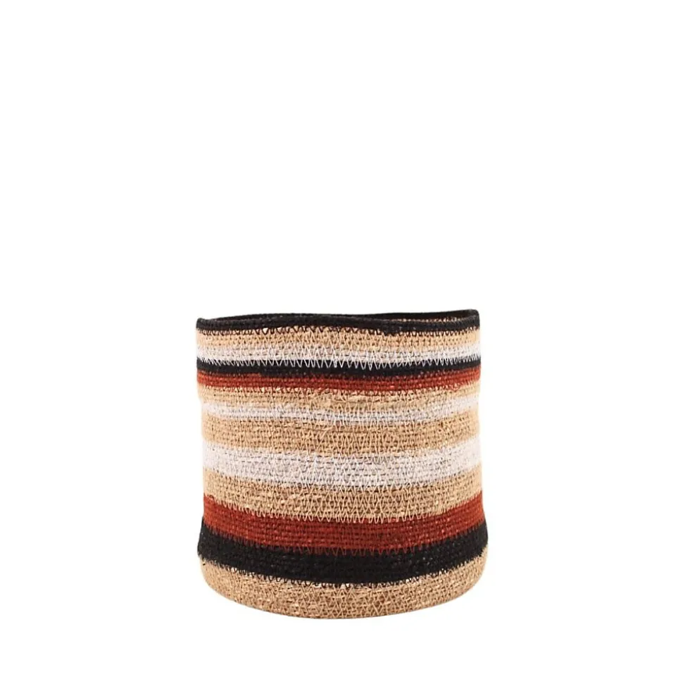 Panier rayé beige, marron en herbes marines 23x21cm