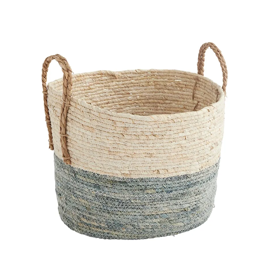 Panier rond bicolore bleu et camel en paille de maïs