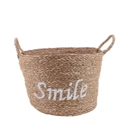 Panier rond brodé "Smile" en jonc de mer