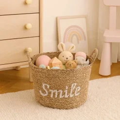 Panier rond brodé "Smile" en jonc de mer