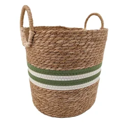 Panier rond en fibres naturelles Ornami vert et blanc avec poignées rondes