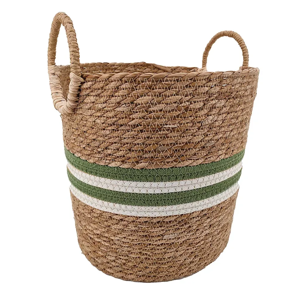 Panier rond en fibres naturelles Ornami vert et blanc avec poignées rondes