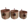 Panier rond en jonc de mer Norasia terracotta et couleur naturelle avec pompons taille M