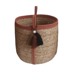 Panier rond en jonc de mer Norasia terracotta et couleur naturelle avec pompons taille M