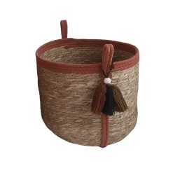Panier rond en jonc de mer Norasia terracotta et couleur naturelle avec pompons taille S