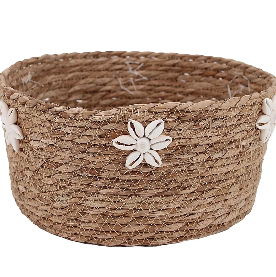 Panier rond tressé en jonc de mer Ornami marron motif fleur coquillage
