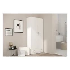 PARISOT Armoire 2 portes battantes + 1 tiroir - Panneaux de particules - Décor Blanc - L 78 cm x P 38 cm x H 170 cm - VARIA