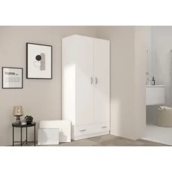 PARISOT Armoire 2 portes battantes + 1 tiroir - Panneaux de particules - Décor Blanc - L 78 cm x P 38 cm x H 170 cm - VARIA