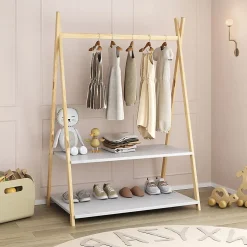 Penderie enfant DANILO avec rangement, en bois massif - Coloris naturel et blanc