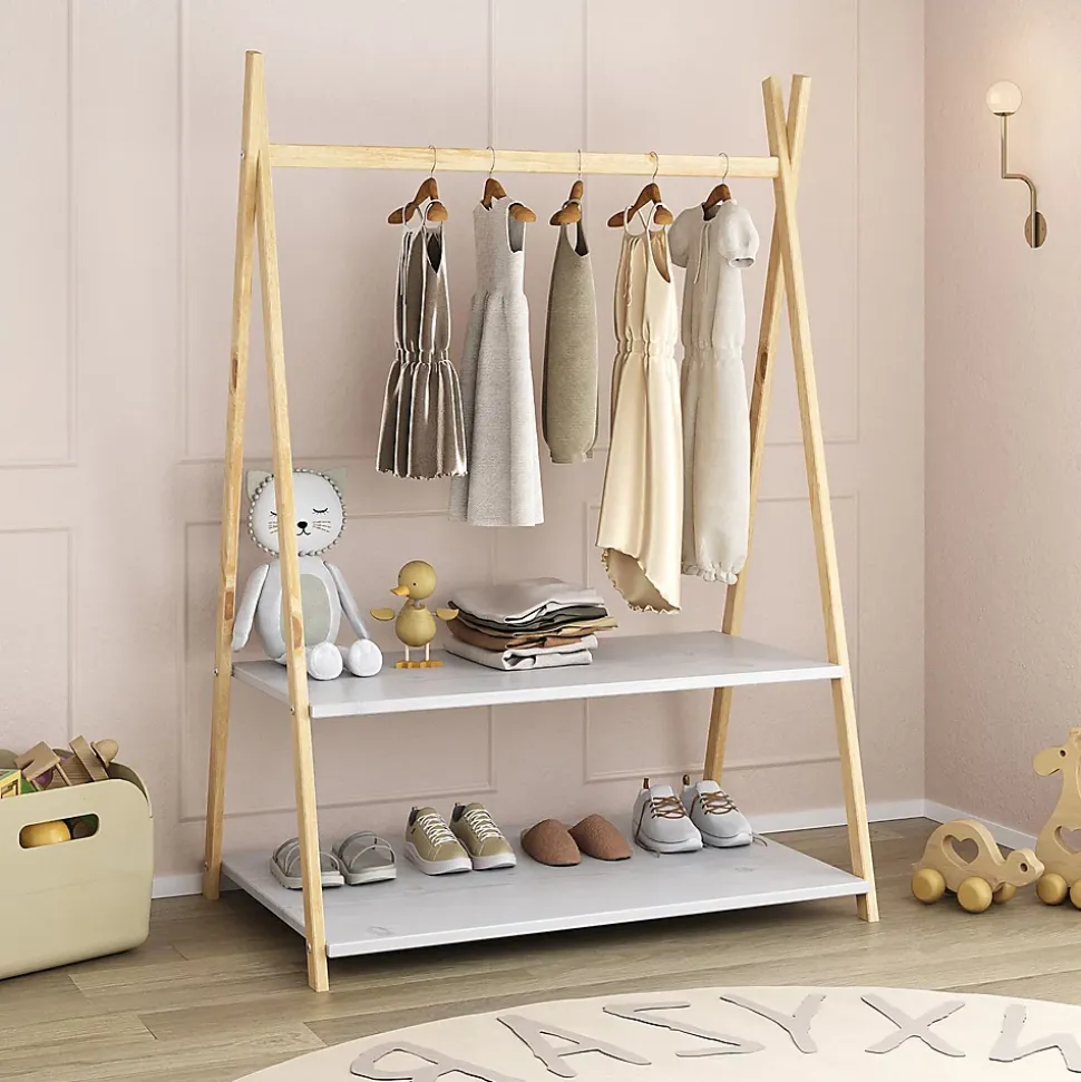 Penderie enfant DANILO avec rangement, en bois massif - Coloris naturel et blanc