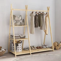 Penderie enfant LOTTE avec 3 étagères, en bois massif - Coloris naturel