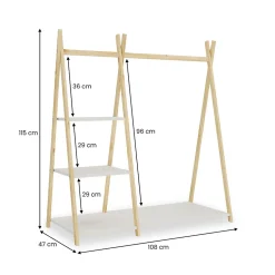 Penderie enfant LOTTE avec 3 étagères, en bois massif - Coloris naturel et blanc