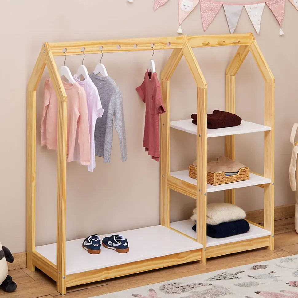 Penderie enfant SALLY en bois massif - Coloris naturel et blanc