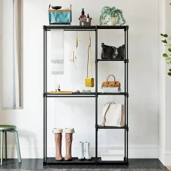 Penderie Ouverte - Penderie Métal avec Tringle et 6 Étagères, Rangement Pratique pour Chambre ou Dressing, Noir 111x43x185 cm