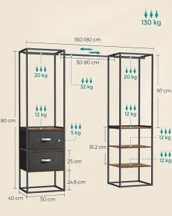 Penderie Ouverte Solide avec 1 Tringle Extensible, 2 Tiroirs, 4 Étagères, pour Chambre, Marron Rustique