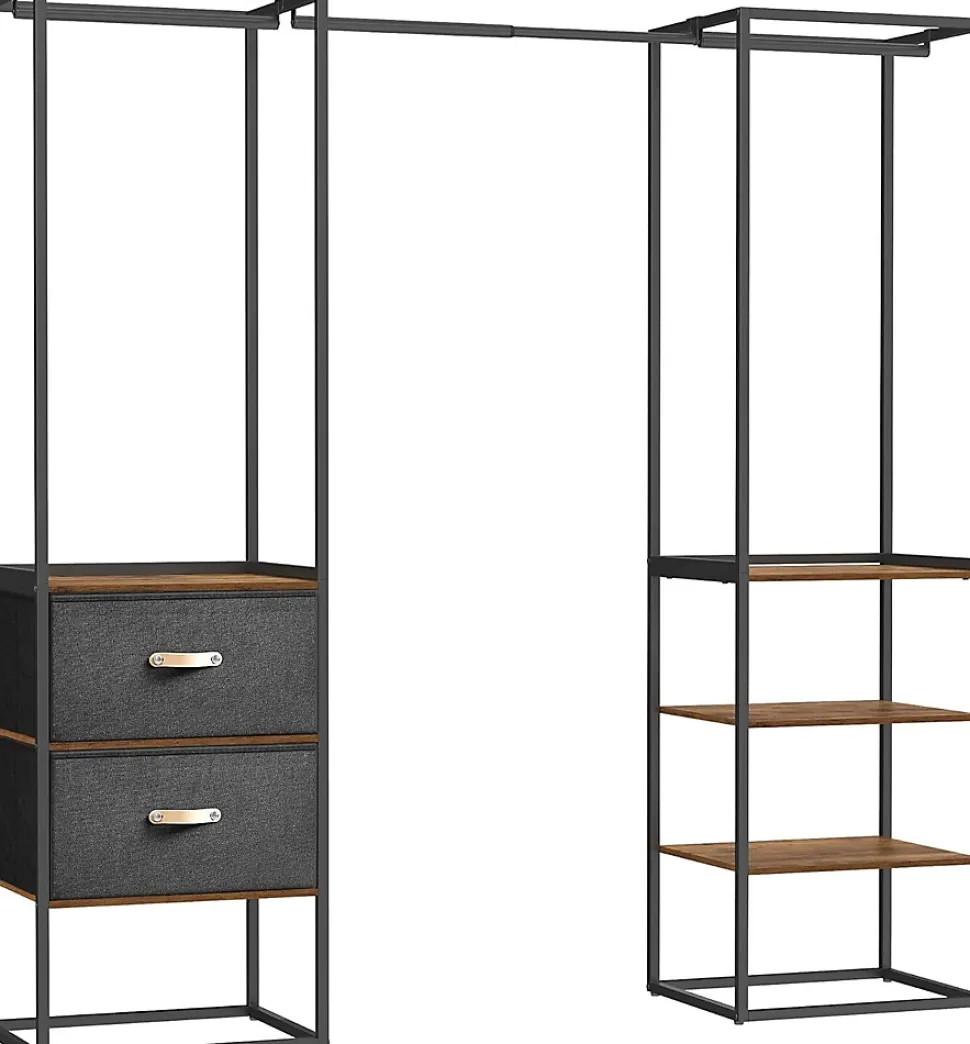 Penderie Ouverte Solide avec 1 Tringle Extensible, 2 Tiroirs, 4 Étagères, pour Chambre, Marron Rustique