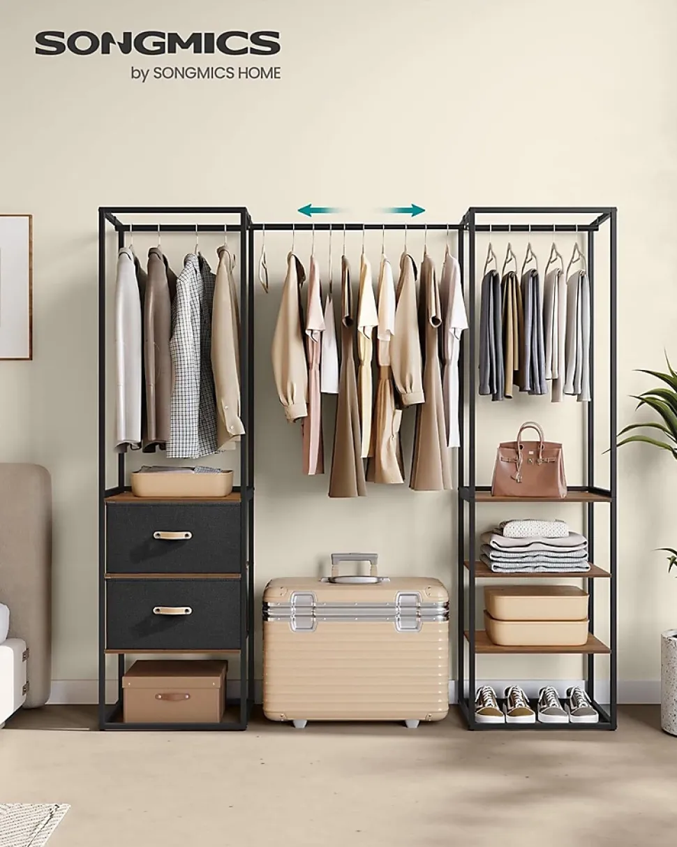 Penderie Ouverte Solide avec 1 Tringle Extensible, 2 Tiroirs, 4 Étagères, pour Chambre, Marron Rustique