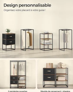 Penderie Ouverte Solide avec 1 Tringle Extensible, 2 Tiroirs, 4 Étagères, pour Chambre, Marron Rustique