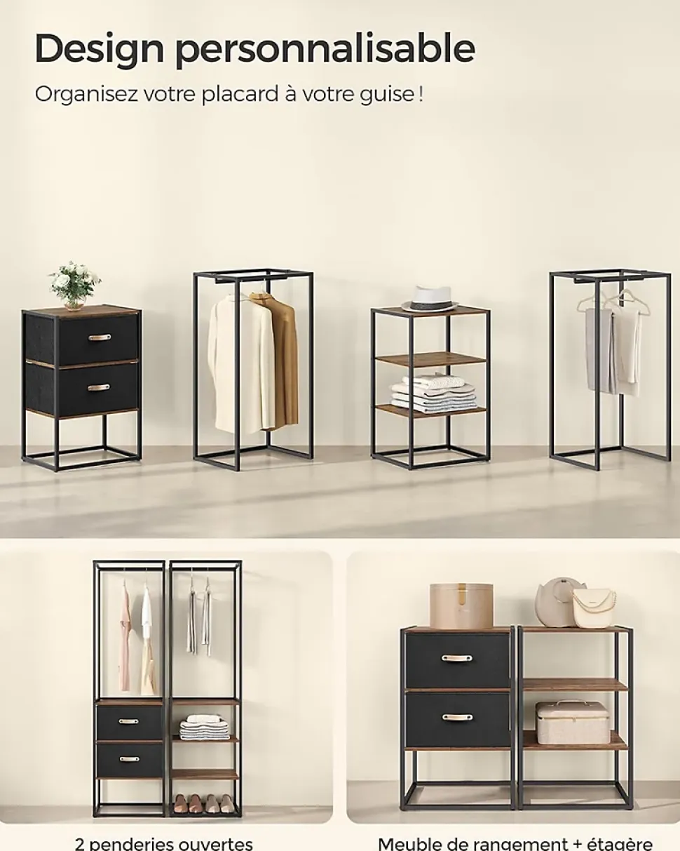 Penderie Ouverte Solide avec 1 Tringle Extensible, 2 Tiroirs, 4 Étagères, pour Chambre, Marron Rustique